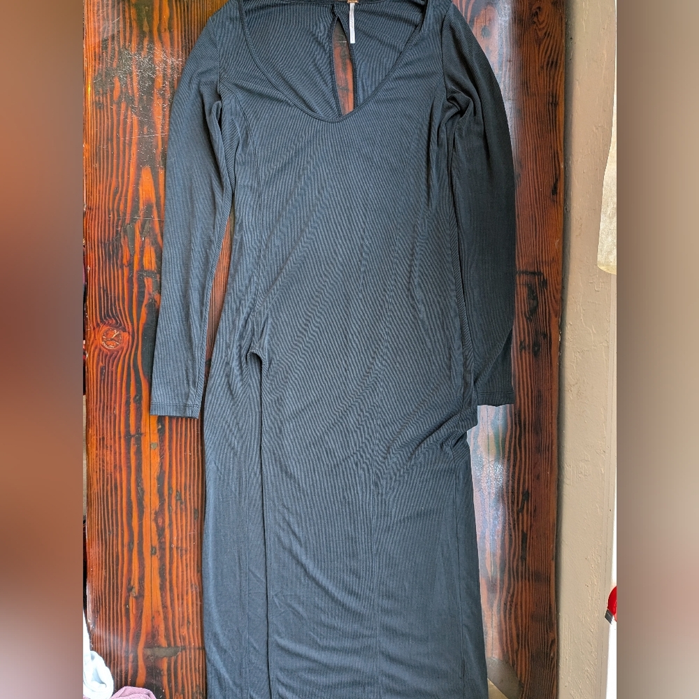 Free People Black Ribbed Maxi Dress – Long Sleeve, Size S